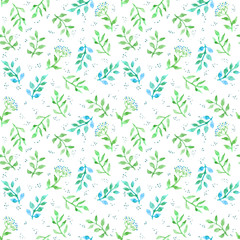 Meadow flowers, spring grass. Cute ditsy repeating pattern. Watercolor