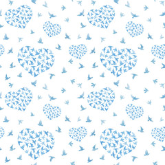 Heart with birds. Ditsy seamless pattern. Watercolor