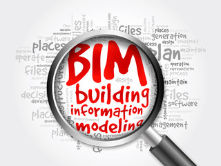 BIM - building information modeling word cloud with magnifying glass, business concept