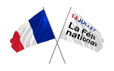 3d illustration of France and Bastille Day flags together waving in the wind