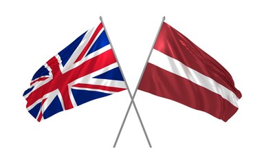 3d illustration of UK and Latvia flags together waving in the wind