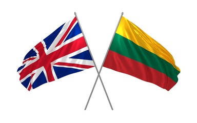 3d illustration of UK and Lithuania flags together waving in the wind