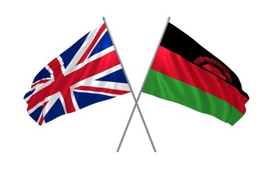 3d illustration of UK and Malawi flags together waving in the wind