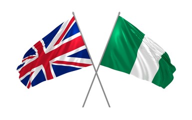 3d illustration of UK and Nigeria flags together waving in the wind