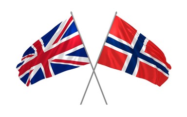 3d illustration of UK and Norway flags together waving in the wind