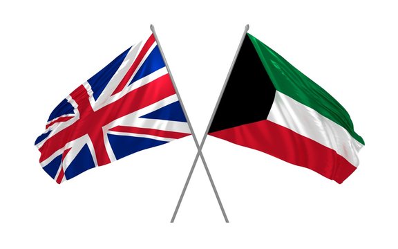 3d illustration of UK and Kuwait flags together waving in the wind