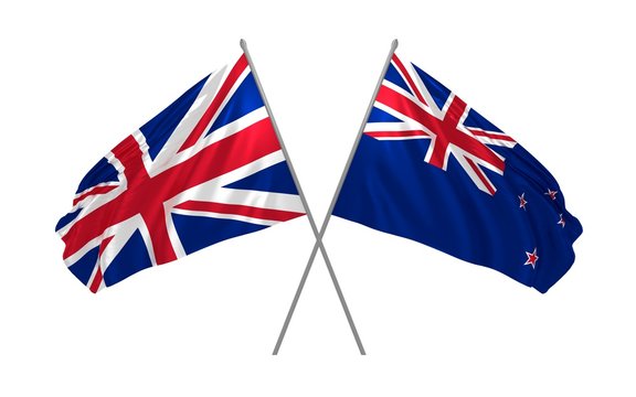 3d illustration of UK and New Zealand flags together waving in the wind