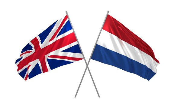 3d illustration of UK and Netherlands flags together waving in the wind