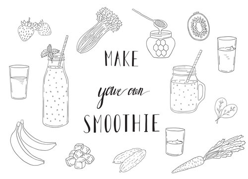 Smoothie recipe with a bottle and ingredients. Detox, healthy eating.