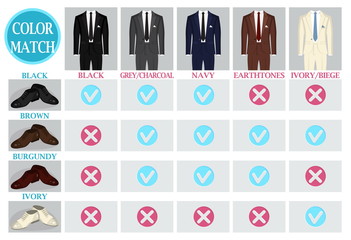 Color mix and match guide for men suit and shoes. Suitable and appropriate color match variations for various events, formal, business, casual and other.