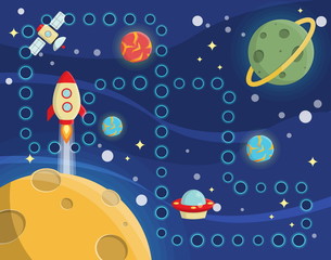 Lovely children activity play placemat rug for space racing competition game with outer space background, lonely planets, stars, space ships and satellite.