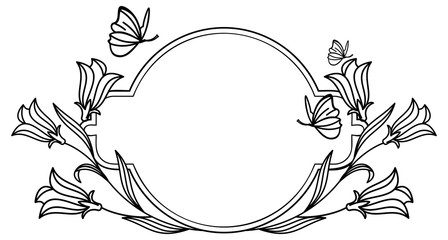 Elegant round frame with bluebells and butterfly.  Design element for advertisements, logos, pages, flyer, web, wedding and other invitations or greeting cards. Vector clip art.