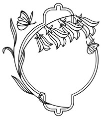 Elegant round frame with bluebells and butterfly.  Design element for advertisements, logos, pages, flyer, web, wedding and other invitations or greeting cards. Vector clip art.