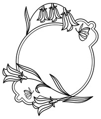 Elegant round frame with bluebells and butterfly.  Design element for advertisements, logos, pages, flyer, web, wedding and other invitations or greeting cards. Vector clip art.