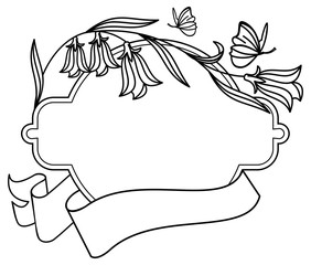 Elegant round frame with bluebells and butterfly.  Design element for advertisements, logos, pages, flyer, web, wedding and other invitations or greeting cards. Vector clip art.