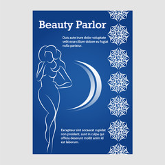 Brochure flyer template with beauty woman silhouette and ornamental border. Vector illustration