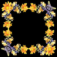 Beautiful floral pattern of blue lupine and yellow chrysanthemum  