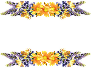 Obraz premium Beautiful floral pattern of blue lupine and yellow chrysanthemum 