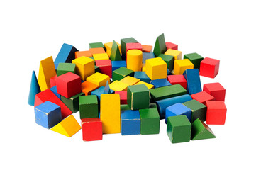 Fototapeta premium Wooden colorful building blocks isolated on white background. Cubes constructor. Vintage childrens toys.