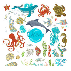 Fototapeta premium Vector set of cartoon wild animals and plants.