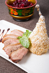 Duck meat with pear