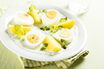 Boiled potato with eggs and green herbal sauce

