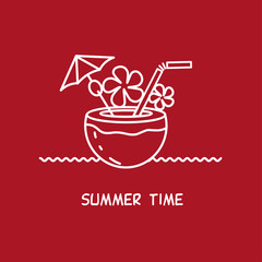 Cocktail in a coconut. Vector sign, emblem, logo. Summer time.