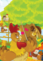 Cartoon happy farm scene - crowd of happy hens and rooster as conductor - illustration for children
