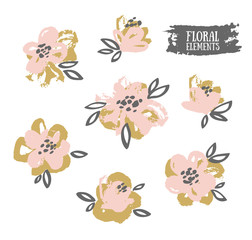 Set of vector stylish grunge pink and gold flowers painted dry ink brush.