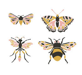 Bumblebee, butterfly, mol, apanteles. Insect icons, vector set. Abstract triangular style. 