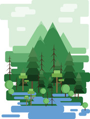 Abstract landscape design with green trees and clouds, a forest and a lake, flat style. Digital vector image.