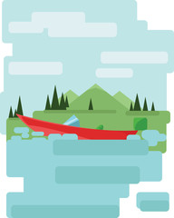 Abstract landscape design with green trees and clouds, a red boat on a lake, flat style. Digital vector image.