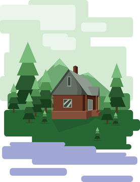 Abstract landscape design with green trees and clouds, a house in the forest and a lake, flat style. Digital vector image.