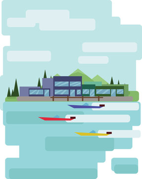 Abstract landscape design with green trees and clouds, buildings and boats on a lake, flat style. Digital vector image.