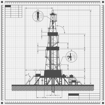 Blueprint of Oil rig silhouette