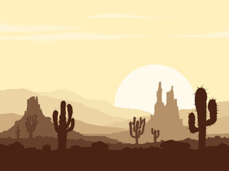 Sunset in stone desert with cactuses