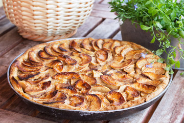 Delicious apple pie with sour cream and cinnamon on old wooden table