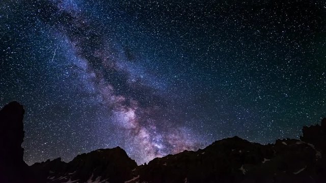 The apparent rotation of an outstandingly bright Milky Way and the starry sky beyond snowcapped mountain ridge, captured at high altitude in summertime on the Italian Alps. Time Lapse 4k video.