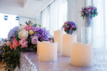 Wedding flower composition. Wedding interior.