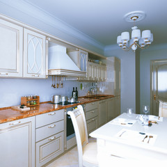 Modern kitchen interior design with dining area. 