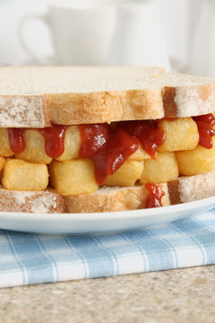 Chip Butty Potato Chips Or Fries In A Sandwich With Tomato Ketchup