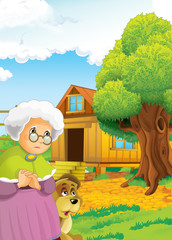 Cartoon happy farm scene - dog on the farm - near the path - old farm woman -  illustration for children