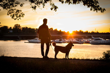 the guy with the dog watching the sunset on the dock