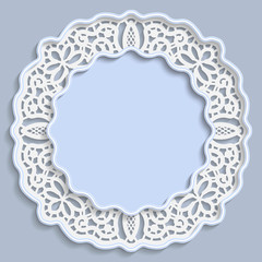 3D round frame, vignette with ornaments, lace frame,  bas-relief ornament,  festive pattern, white pattern, template greetings, vector