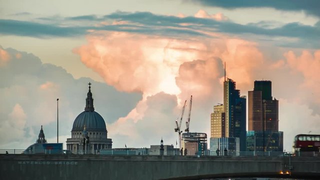 Sunset above Waterloo Bridge, St Paul's Close Up