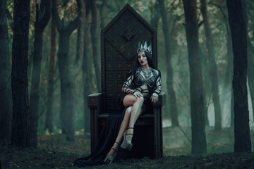 dark evil queen sitting on a luxurious throne, wild Princess , vampire , hip toning , creative color,dark boho - obrazy, fototapety, plakaty