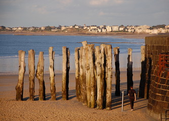 Wooden groynes on the English Channel. Saint-Malo, Brittany, France