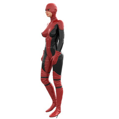 one tall woman in red black super suit. Woman stands sideways to camera. Looking to side