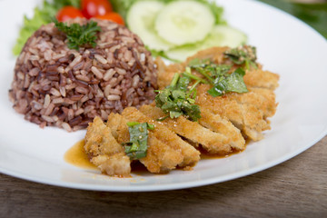  fried meat serve with white rice  (Vegetarian for good health )