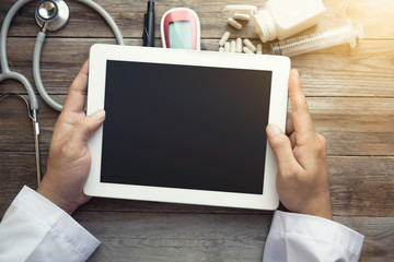 Wooden doctor desk with copy space